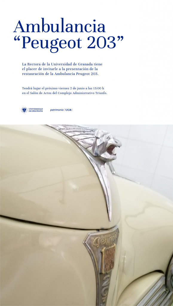 Cartel anunciador de la actividad en el que figura una fotografía de la parrilla delantera de la ambulancia Peugeot 203