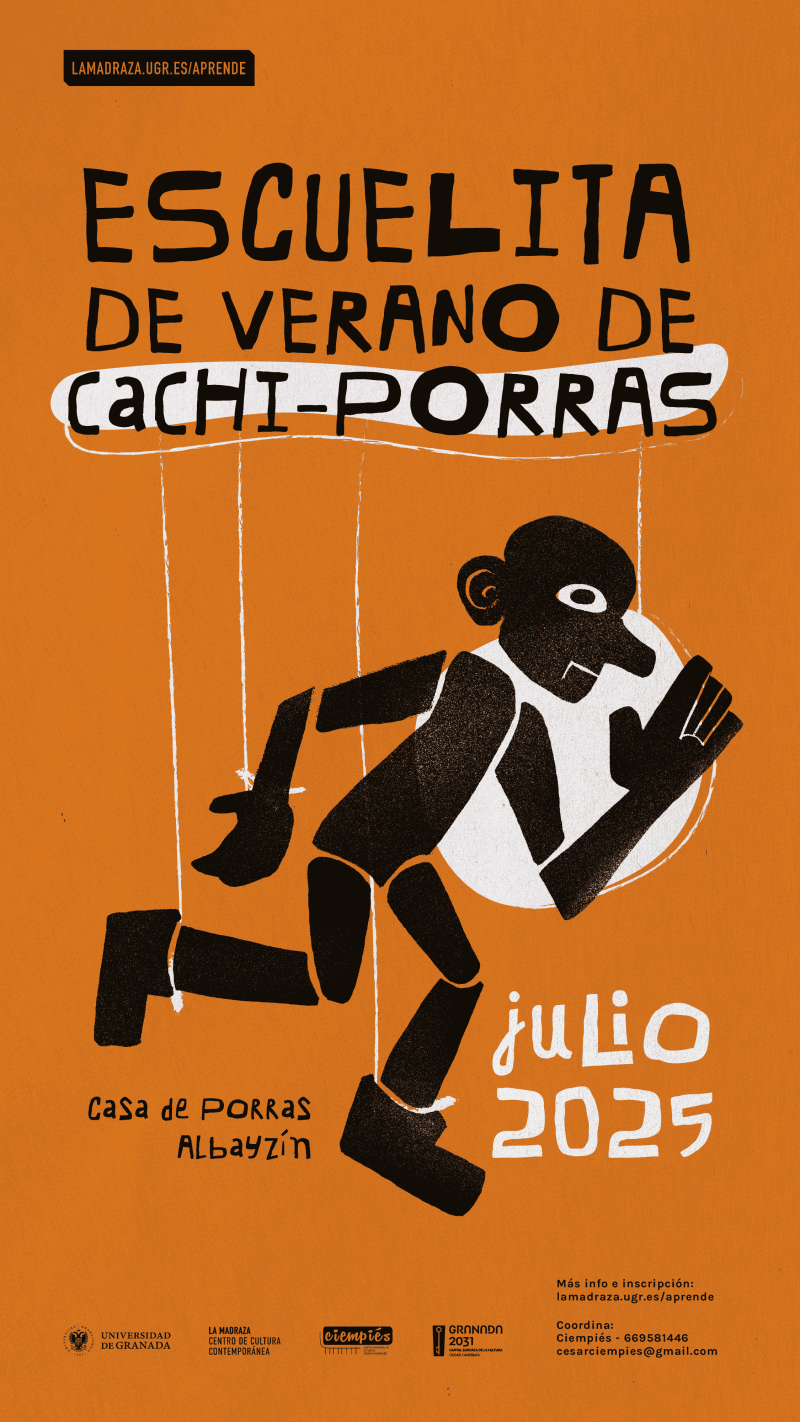 Escuelita de verano de Cachi-Porras 2025 Ilustración con fondo naraja en la que aparece un títure