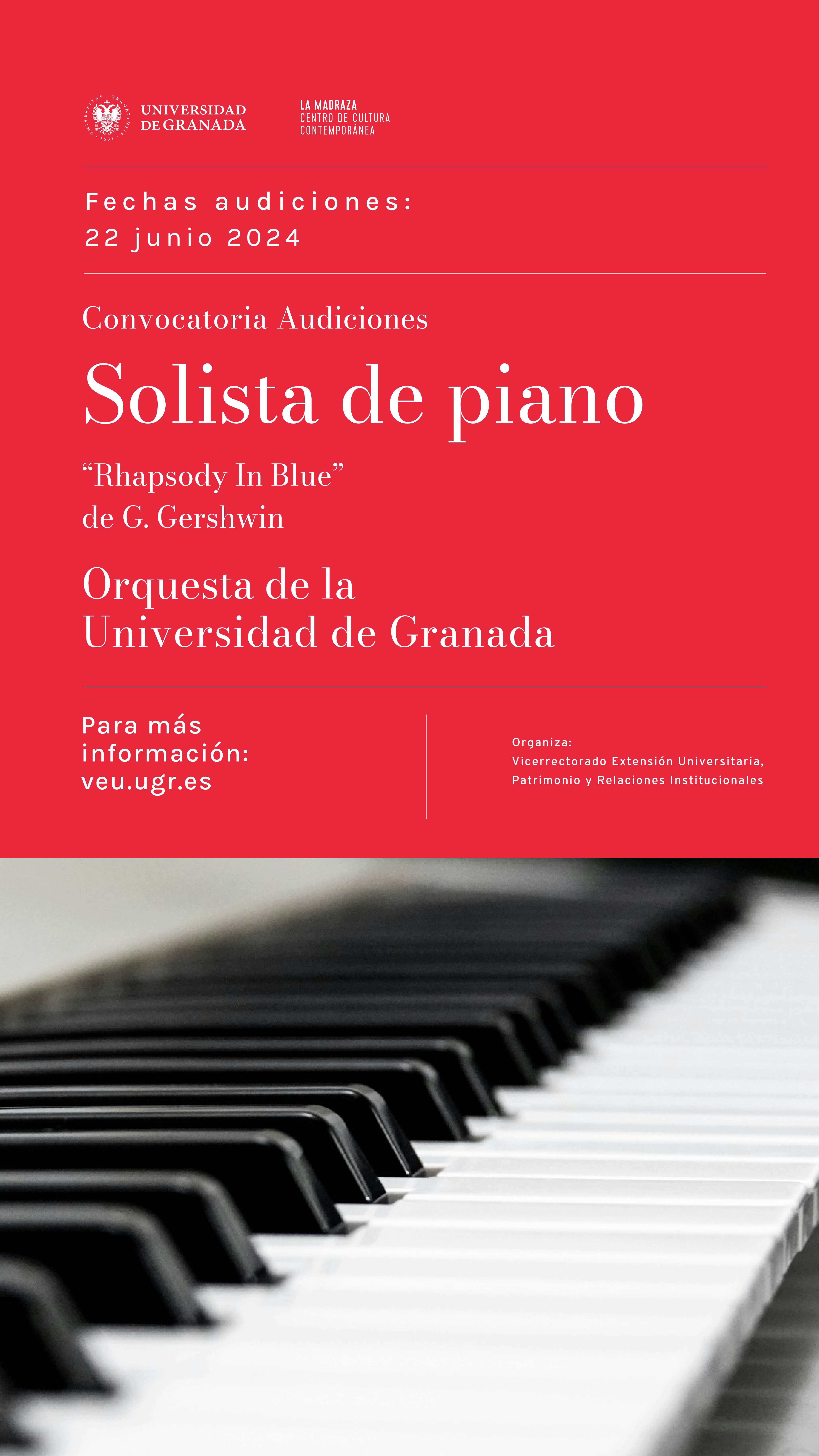 Cartel anunciador de la audición en el que aparece el texto informativo y una fotografía en primer plano de las teclas de un piano