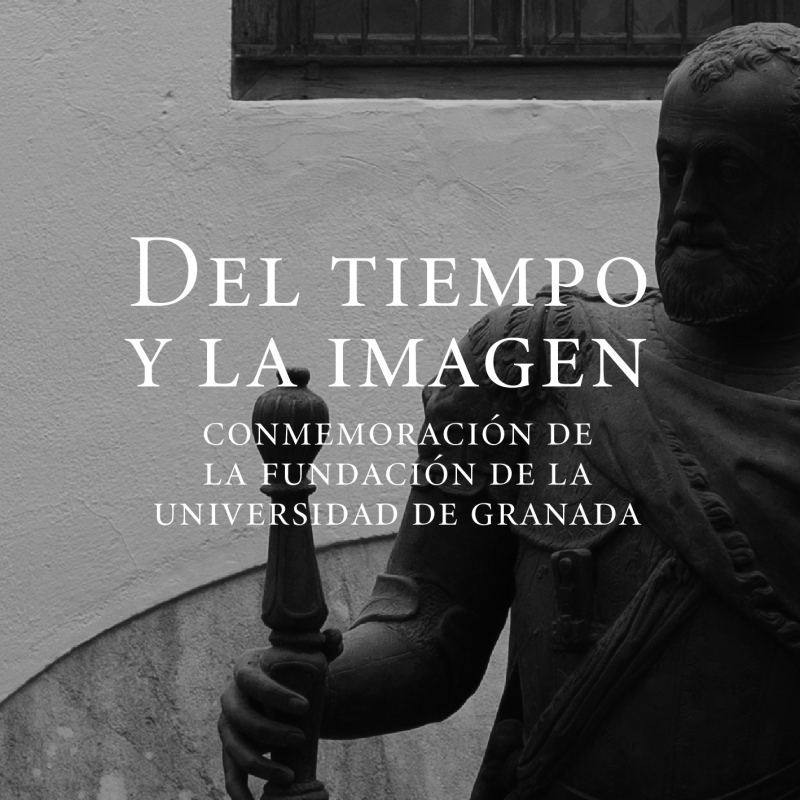 Cartel anunciador del acto en el que se puede ver una imagen de la estatua de Carlos V ubicada en el Patio del Archivo del Hospital Real de Granada