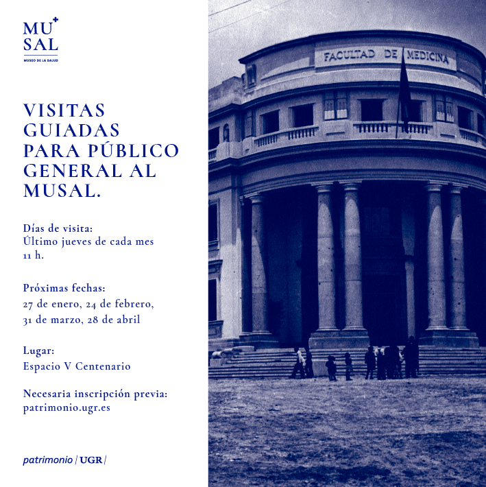 Cartel anunciador del programa de visitas en el que aparece una fotografía de la Fachada de la antigua Facultad de Medicina de Granada a mediados del siglo pasado Cartel anunciador del programa de visitas en el que aparece una fotografía de la Fachada de la antigua Facultad de Medicina de Granada a mediados del siglo pasado