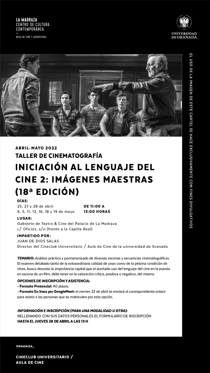 Iniciación al lenguaje del cine 2 2021-22 Cartel del taller en el que aparece una imagen de Spielberg dirigiendo en un set de rodaje