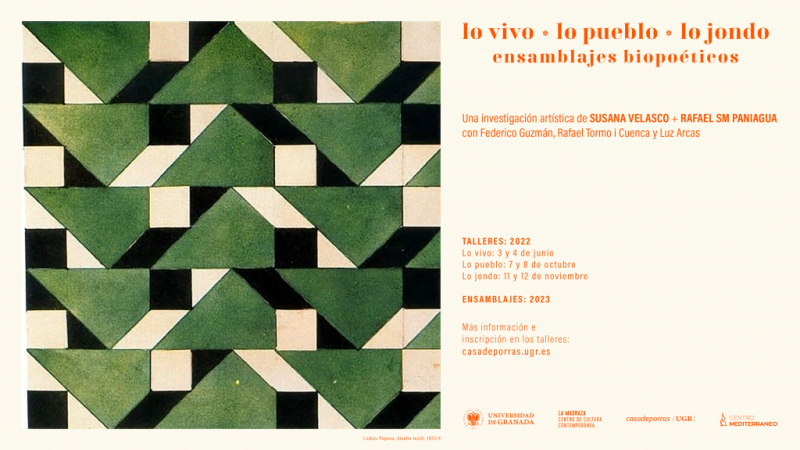 Lo vivo, lo pueblo, lo jondo Cartel de la actividad con fotografía de un mosaico verde, blanco y negro