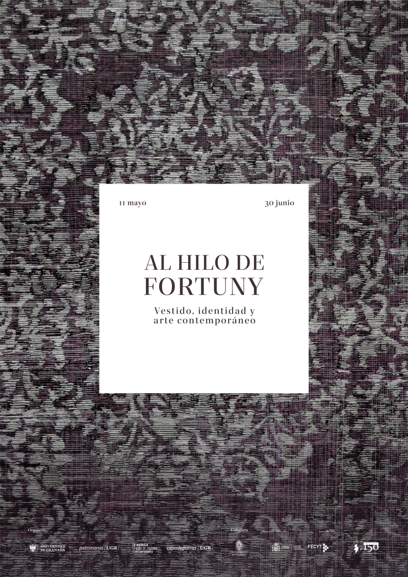 Al hilo de Fortuny UGR Cartel anunciador de la exposición con un fondo de una fotografía en blanco y negro de un tapiz