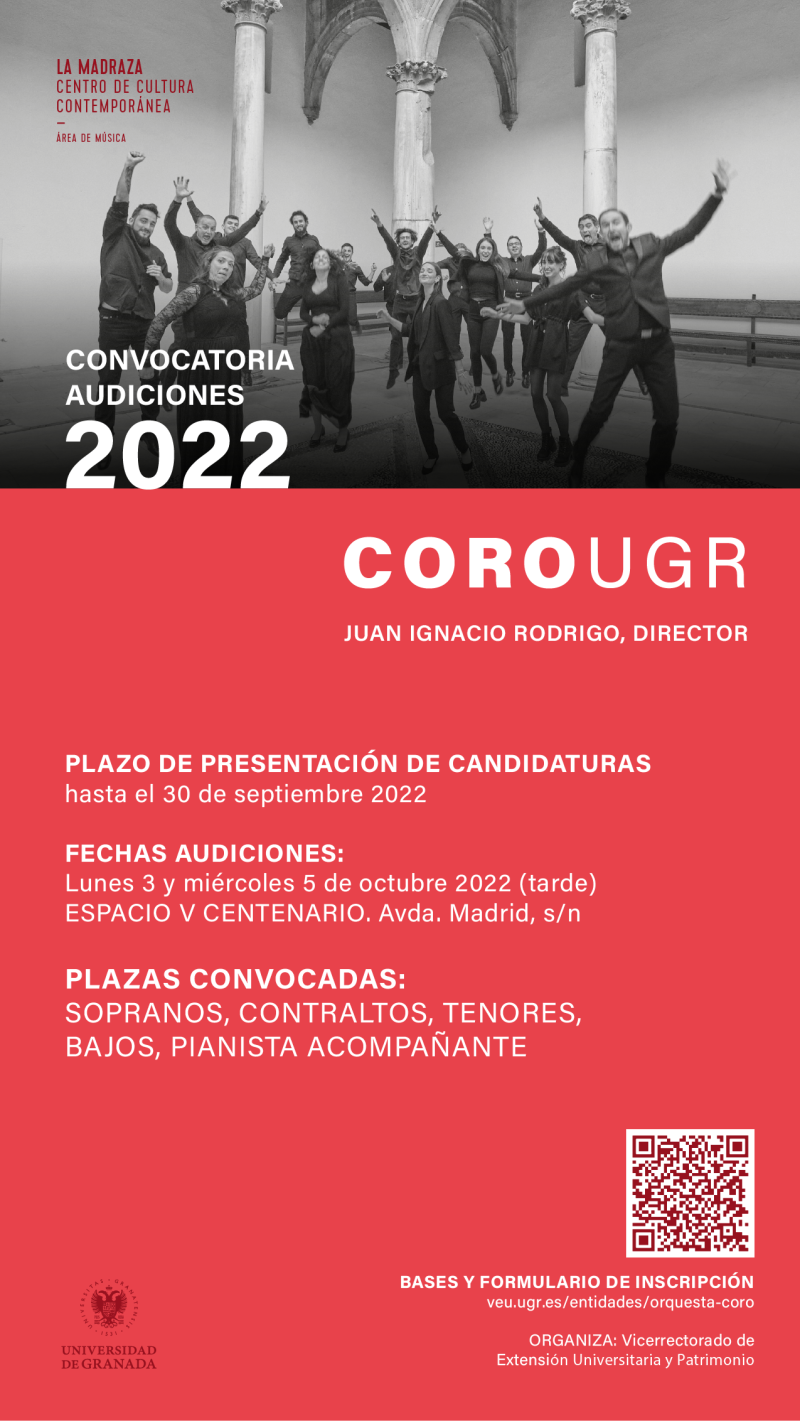 Audiciones Coro UGR2022-23 Cartel de la convocatoria con fotografía de los miembros del Coro de la UGR