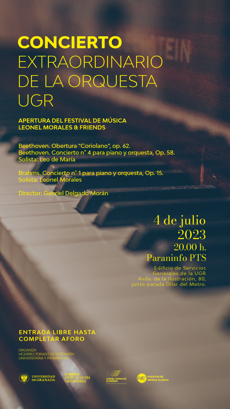 Concierto extraordinario OUGR 2023 Cartel anunciador en el que aparece de fondo una foto de las teclas de un piano