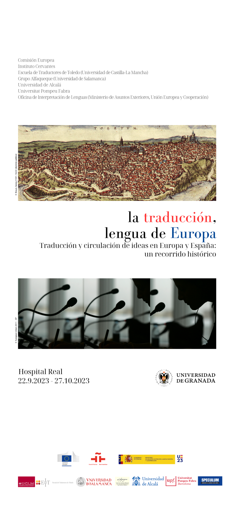 Exposición La traducción, lengua de Europa Cartel anunciador de la exposición en el que aparece un dibujo de una ciudad medieval