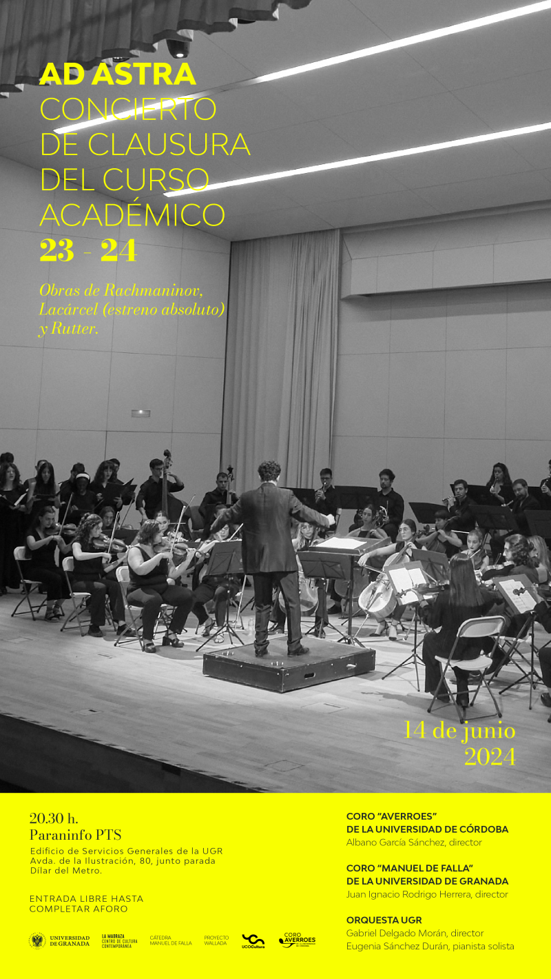 Concierto clausura curso 2023-2024 Foto en blanco y negro de la orquesta de la UGR en plena actuación