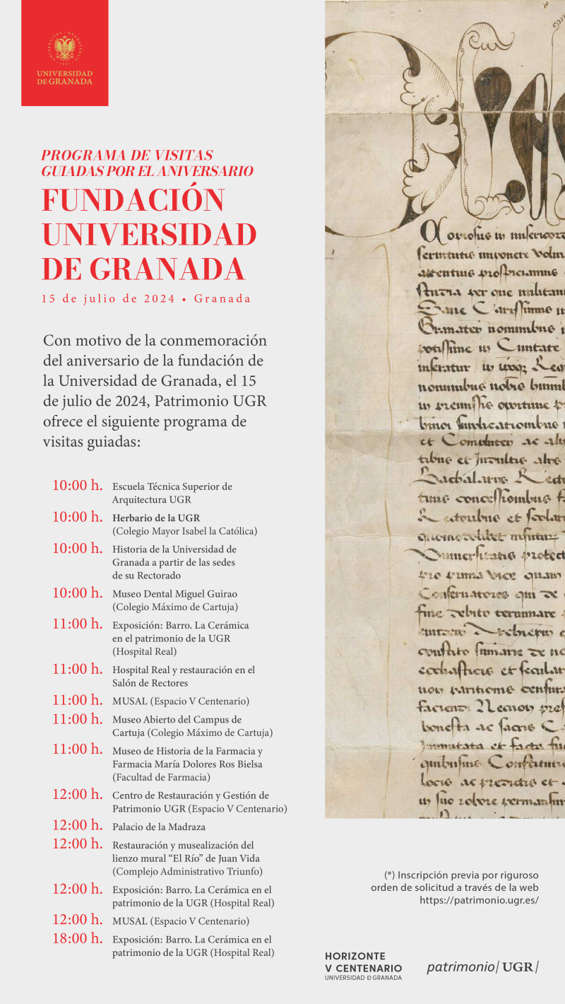Horizonte V Centenario 2024 Cartel anunciador de la actividad en el que aparece la imagen de la bula papal para la fundación de la Universidad de Granada