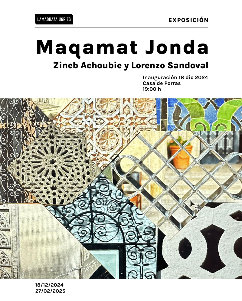 Maqamat Jonda Cartel anunciador con un collage con piezas de la exposición