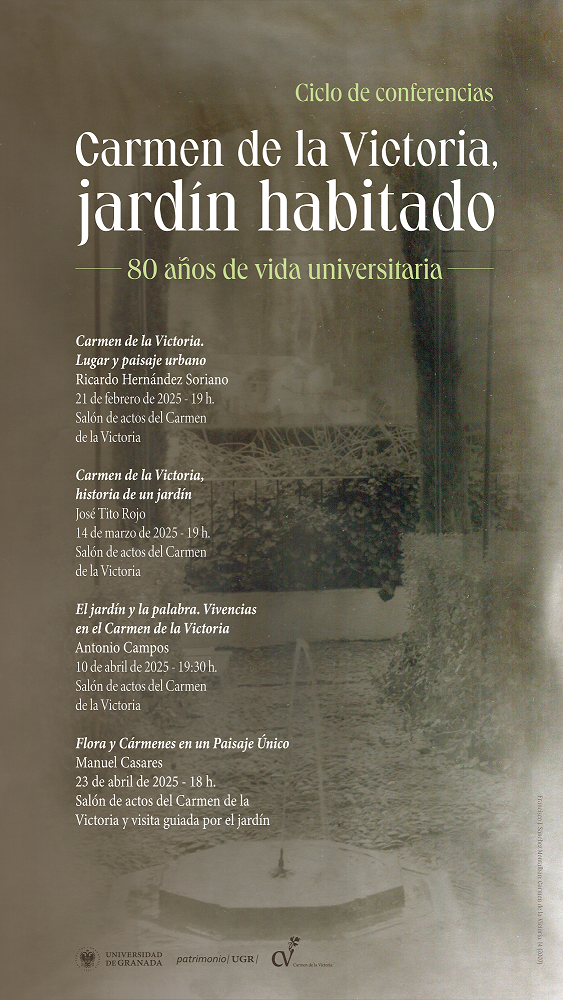 Ciclo conferencias Jardín Habitado Cartel de la actividad con fotografía de una fuente en el patio del Carmen de la Victoria