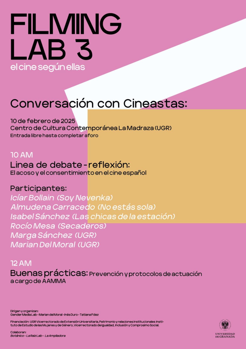 Conversación con Cineastas Cartel de color rosa con la información detallada de la actividad