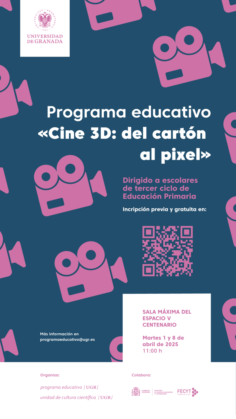 Cartel Cine 3D: del cartón al pixel Cartel anunciador de la actividad en el que aparecen unos iconos de cámaras cinematográficas