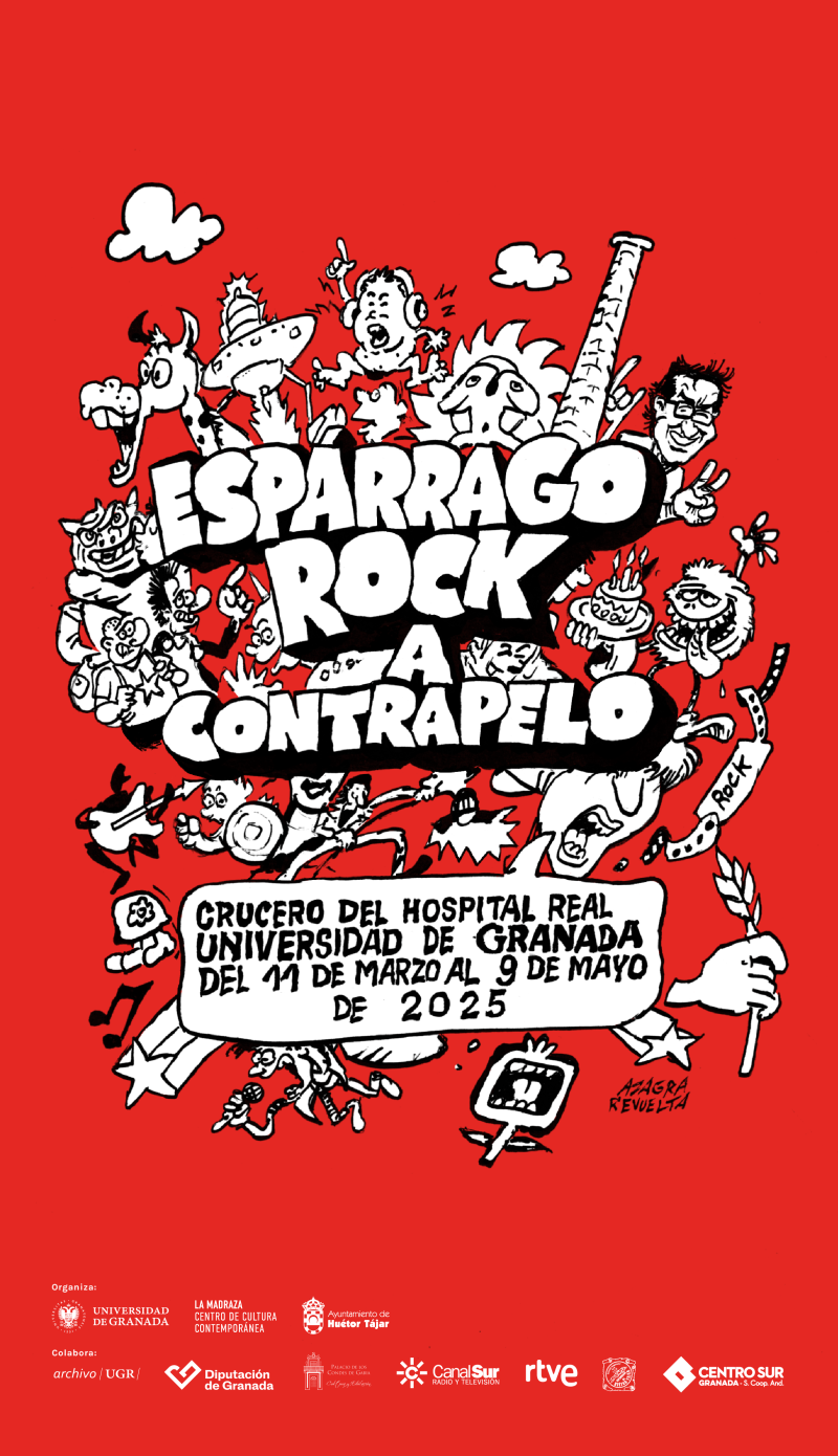 Espárrago Rock. A Contrapelo Cartel de la actividad en el que aparece una ilustración sobre fondo rojo
