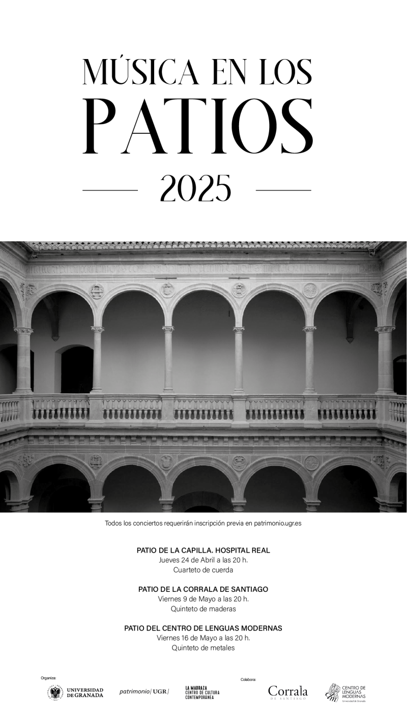 CArtel anunicador de la actividad en el que figura una fotografía en blanco y negro del Patio de los Mármoles del Hospital Real