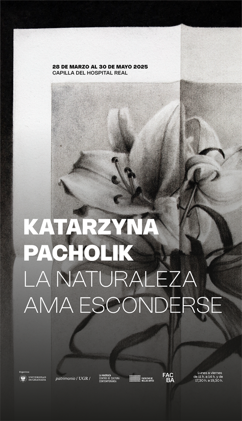 La naturaleza ama esconderse Cartel de la actividad en el que aparece un dibujo de una flor en blanco y negro