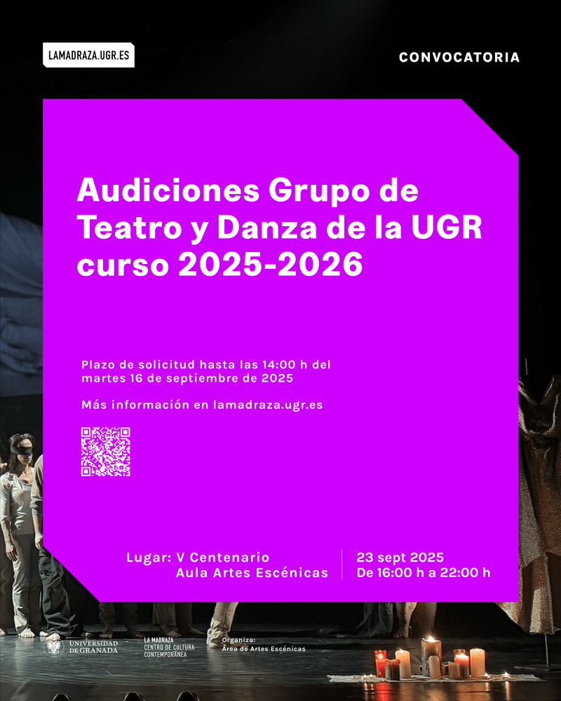Cartel anunciador de la convocatoria con la informacióon textual de la misma sobre una imagen de una representación teatral de fondo