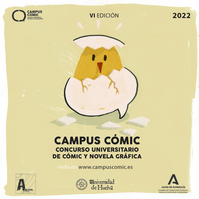 Campus Cómic 2022 Dibujo de un huevo eclosionando de l que sale un pollito
