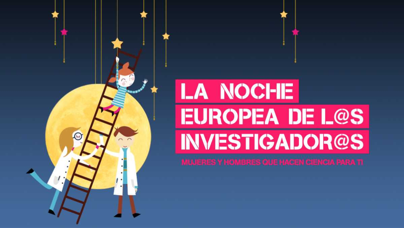 Noche investigadores 2022 Dibujo de una niña subida en una escalera aguantada por dos investigadores