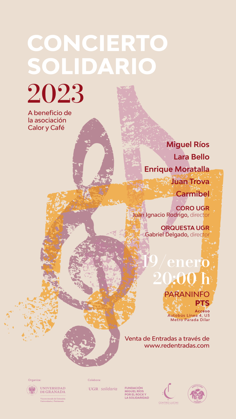Concierto solidario UGR 2023 Cartel del concierto en el que aparece una infografía de unas notas musicales