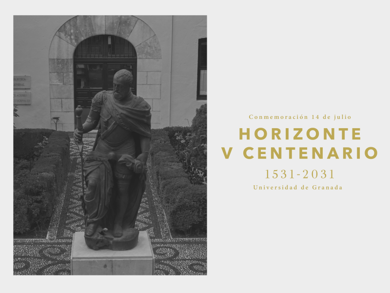 Fotografía en blanco y negro de la estatua de Carlos V del Hospital Real Fotografía en blanco y negro de la estatua de Carlos V del Hospital Real