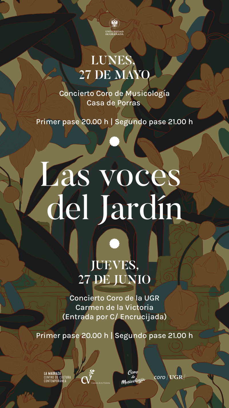 Ciclo Las voces del jardín Inforgrafía en la que aparece una representación del jardín del Carmen de la victoria de la UGR