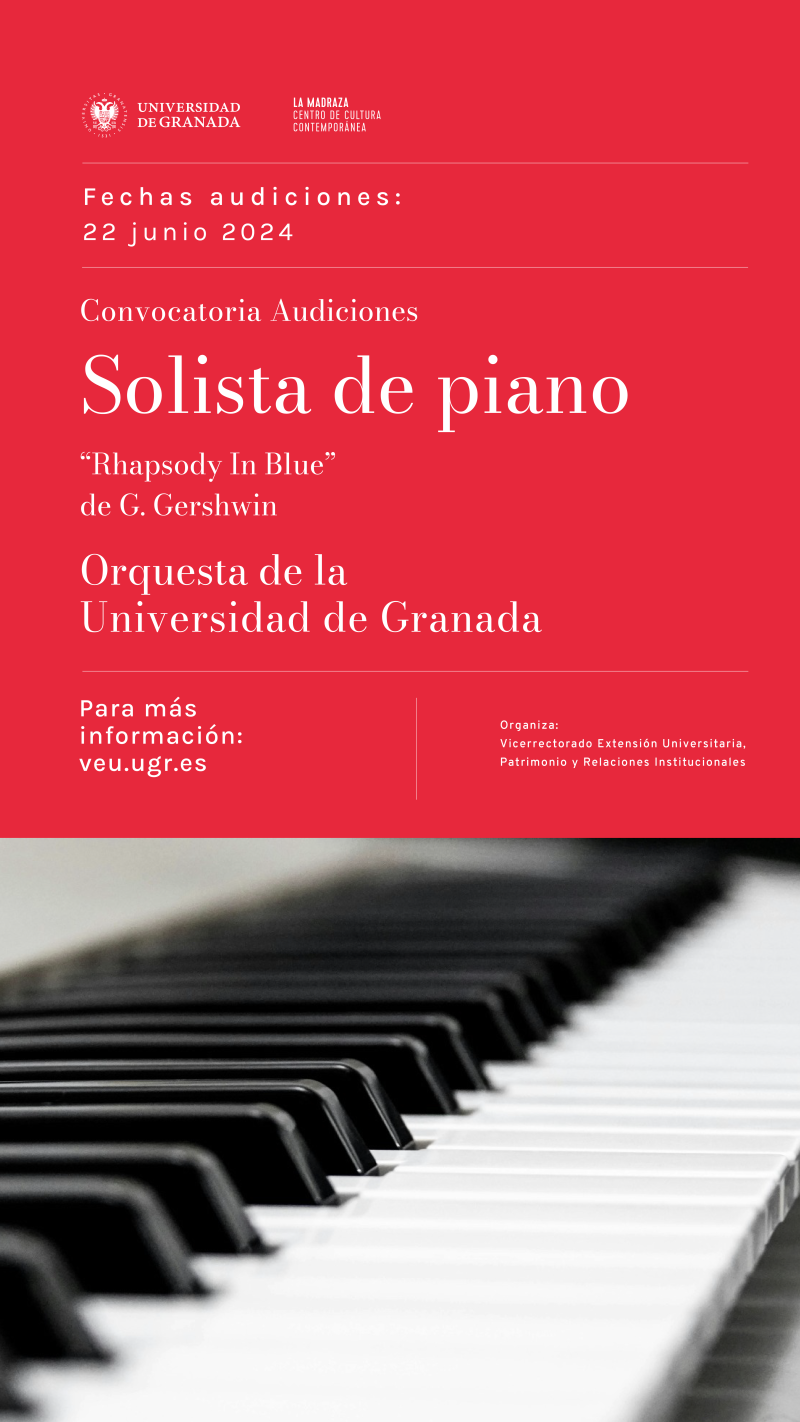 Audición OUGR. Rhapsody in Blue de G. Gershwin Cartel anunciador de la audición en el que aparece el texto informativo y una fotográfia en primer plano de las teclas de un piano