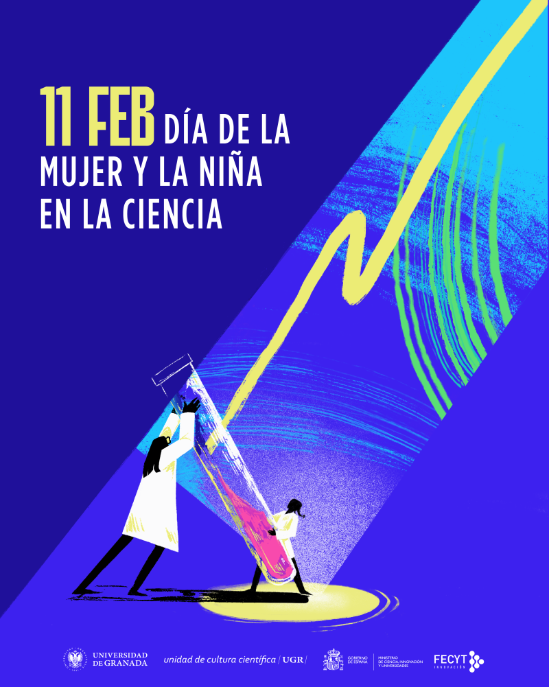 Ilustración de una mujer y una niña vestidas con bata de científica sujetando una probeta gigante