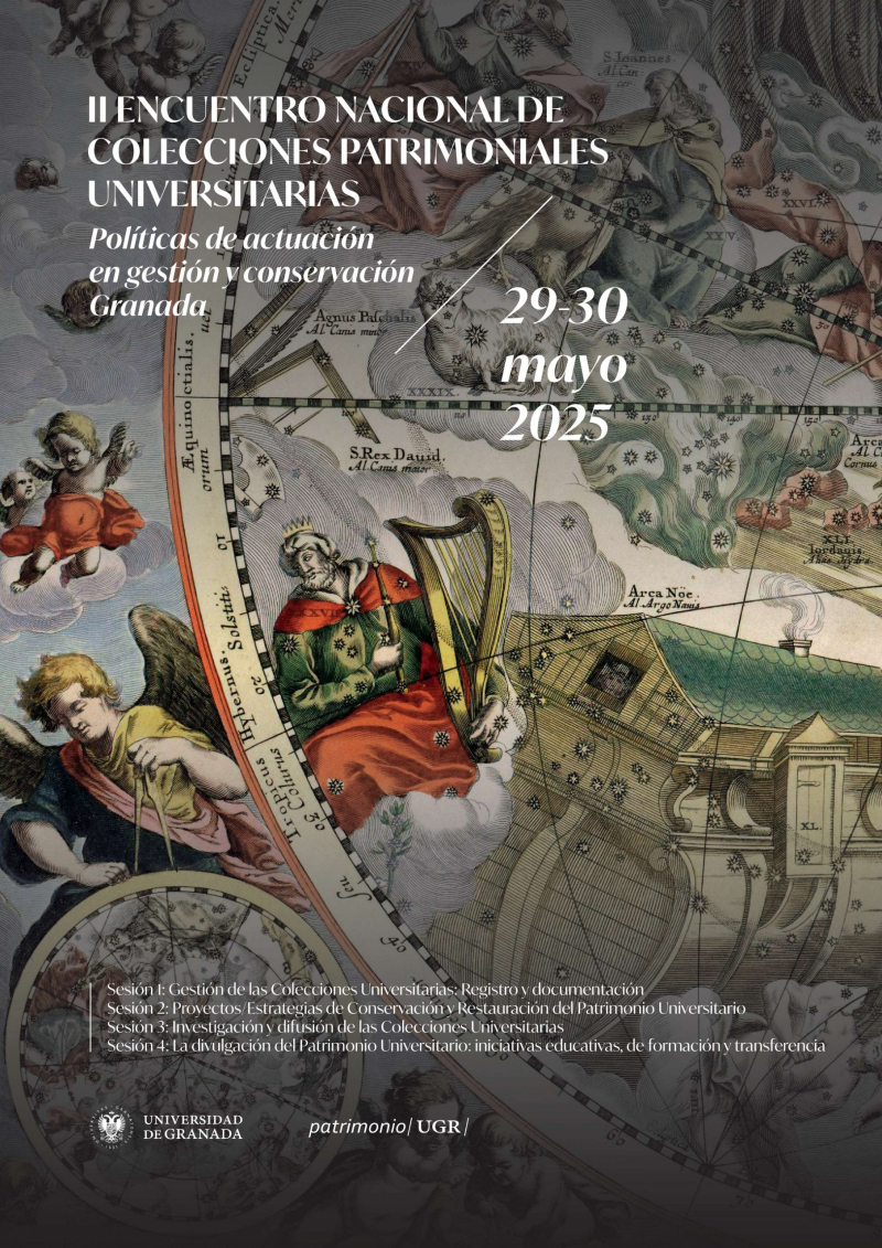 II Encuentro Nacional de Colecciones Patrimoniales Universitarias Imagen de un cuadro en el que aparecen unos ángeles y un hombre tocando un arpa