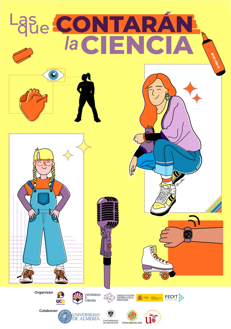 Concurso Las que contarán la ciencia Ilustración en la que aparece una niña, una mujer y una serie de elementos relacionados con la divulgación de la ciencia